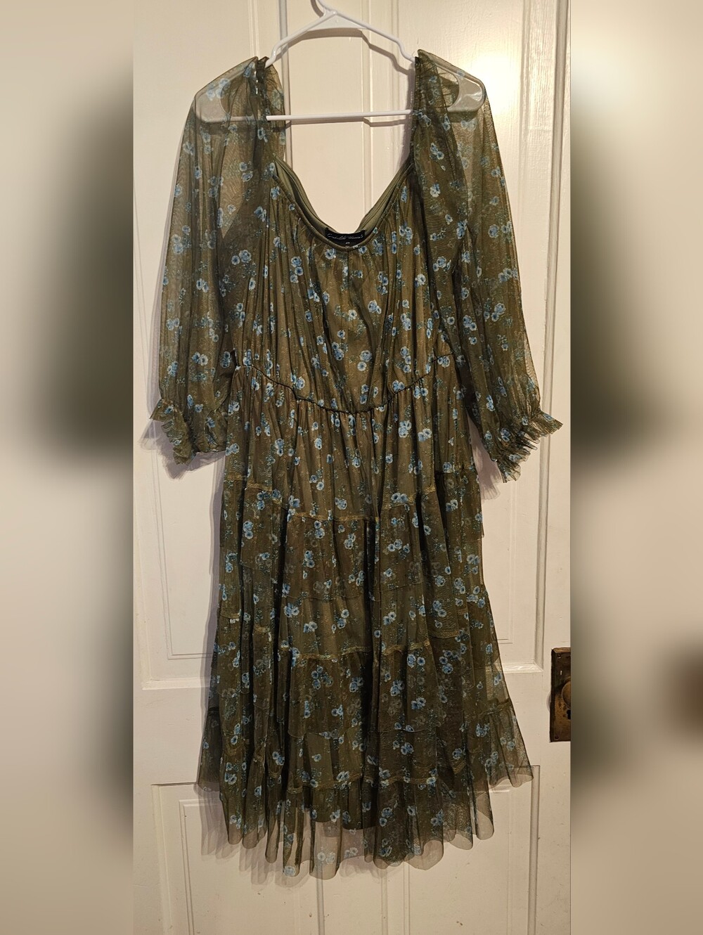 Olive Green Floral Midi Dress with Blue Print